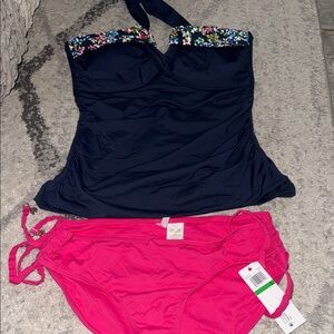 Anne Cole Floral Trim Halter Tankini with Pink Bottoms